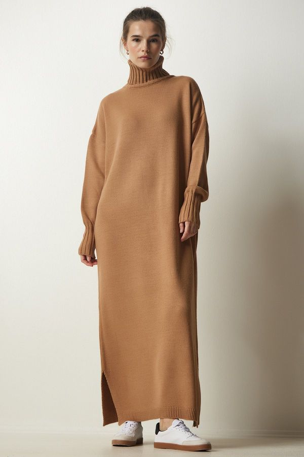 Happiness İstanbul Happiness İstanbul Women's Biscuit Turtleneck Slit Oversize Knitwear Dress