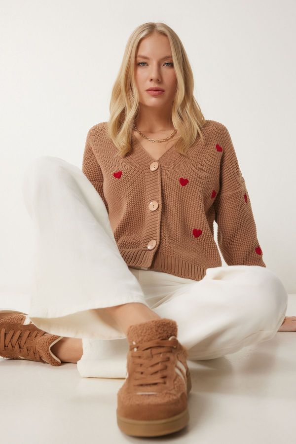 Happiness İstanbul Happiness İstanbul Women's Biscuit V Neck Heart Textured Knitwear Cardigan