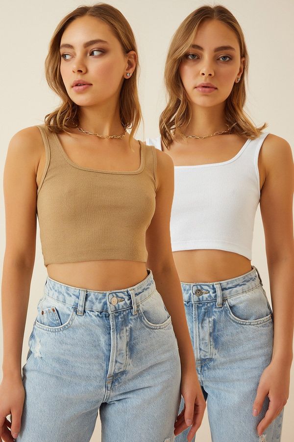 Happiness İstanbul Happiness İstanbul Women's Biscuit White Halter Crop Two Pack Knitted Blouse