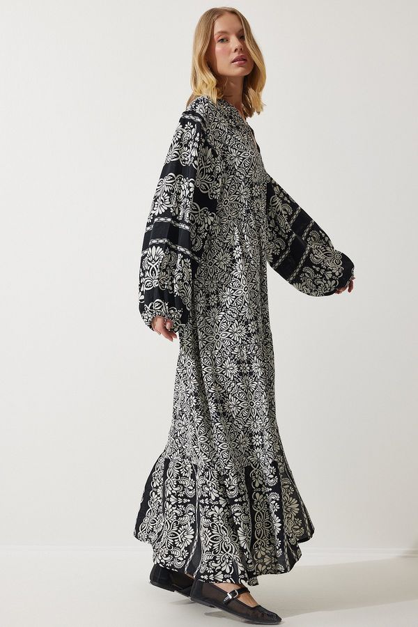Happiness İstanbul Happiness İstanbul Women's Black and White Floral Balloon Sleeve Long Viscose Shirt Dress