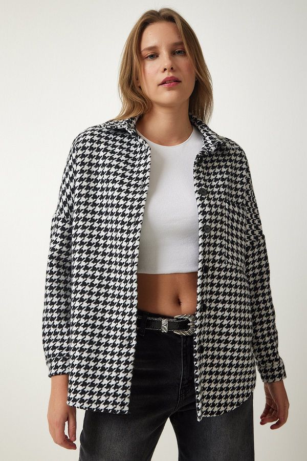 Happiness İstanbul Happiness İstanbul Women's Black and White Houndstooth Patterned Cachet Jacket Shirt