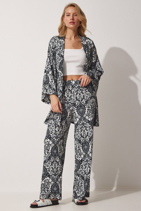 Happiness İstanbul Happiness İstanbul Women's Black and White Patterned Summer Kimono with Pants and Knitted Suit