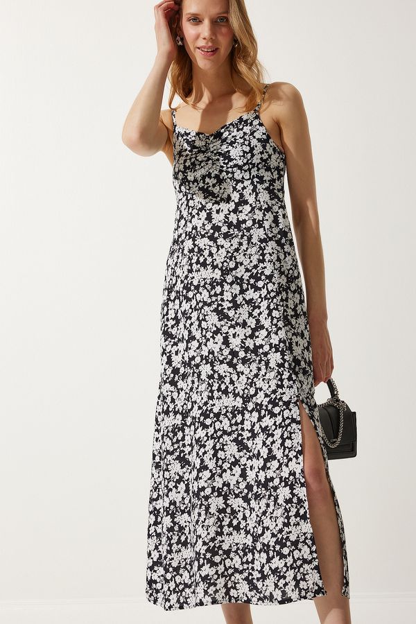 Happiness İstanbul Happiness İstanbul Women's Black and White Strap Patterned Viscose Dress