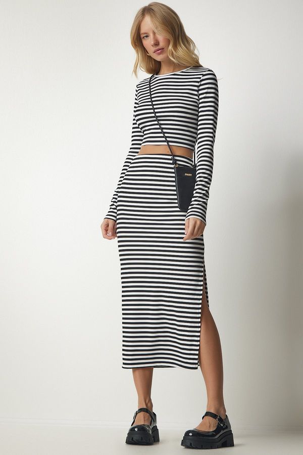 Happiness İstanbul Happiness İstanbul Women's Black and White Striped Camisole Crop Skirt Suit