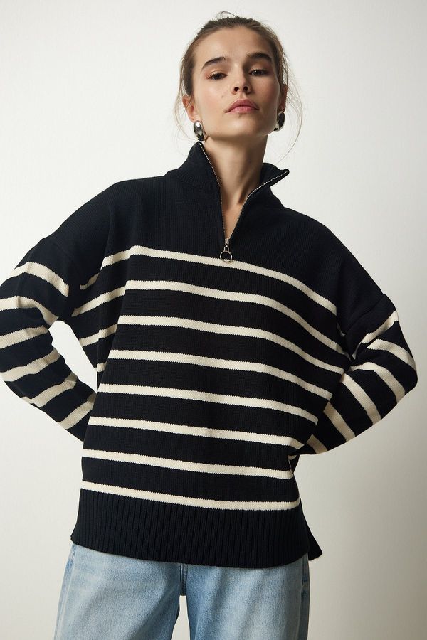 Happiness İstanbul Happiness İstanbul Women's Black and White Zippered Collar Striped Knitwear Sweater