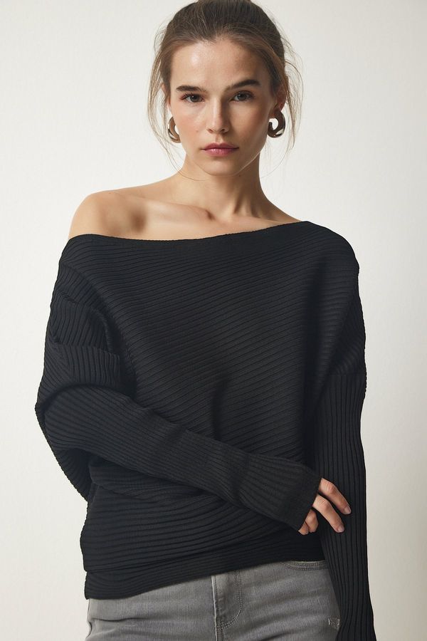 Happiness İstanbul Happiness İstanbul Women's Black Asymmetric Collar Ribbed Sweater