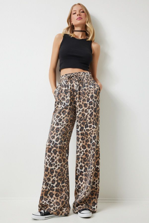Happiness İstanbul Happiness İstanbul Women's Black Beige Leopard Patterned Viscose Palazzo Trousers