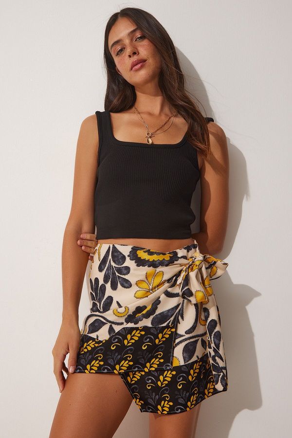 Happiness İstanbul Happiness İstanbul Women's Black Beige Patterned Tie Mini Viscose Skirt