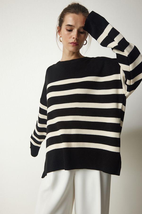 Happiness İstanbul Happiness İstanbul Women's Black Bone Striped Oversize Knitwear Sweater