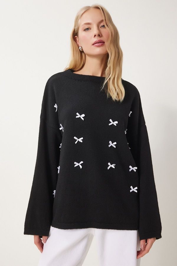 Happiness İstanbul Happiness İstanbul Women's Black Bow Detail Oversize Knitwear Sweater