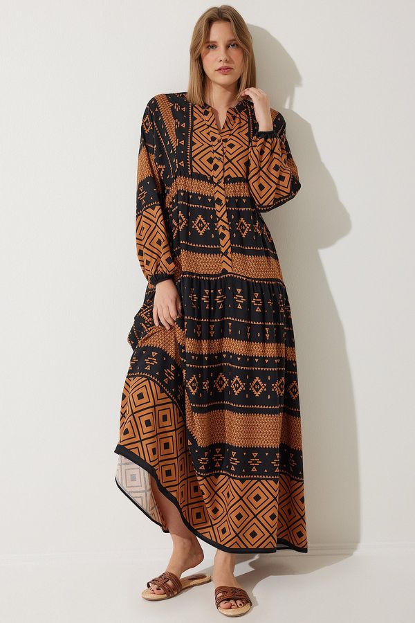 Happiness İstanbul Happiness İstanbul Women's Black Brown Patterned Oversize Summer Viscose Dress