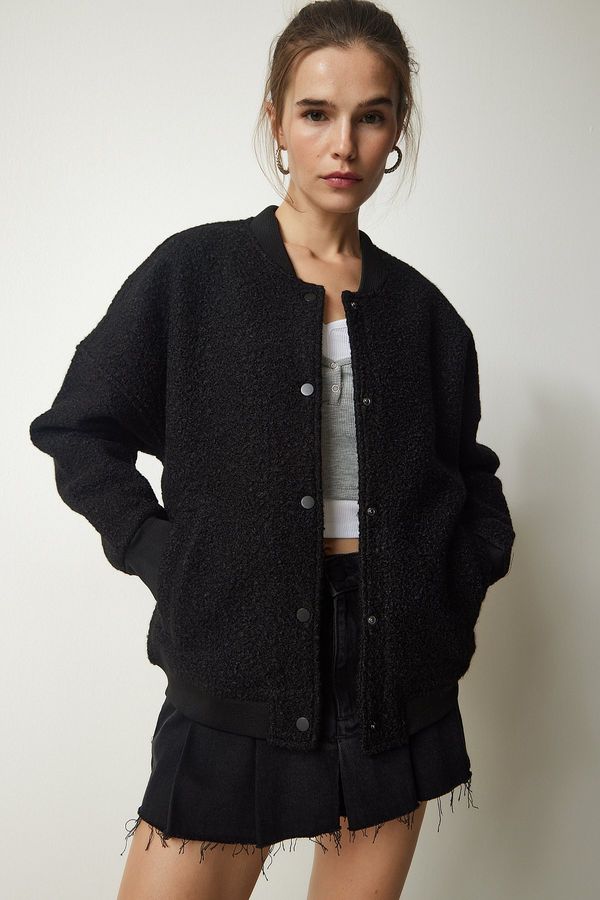 Happiness İstanbul Happiness İstanbul Women's Black Buttoned Boucle Jacket
