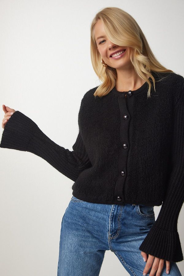 Happiness İstanbul Happiness İstanbul Women's Black Buttoned Boucle Knitwear Cardigan
