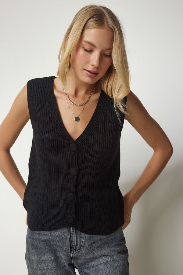 Happiness İstanbul Happiness İstanbul Women's Black Buttoned Knitwear Vest