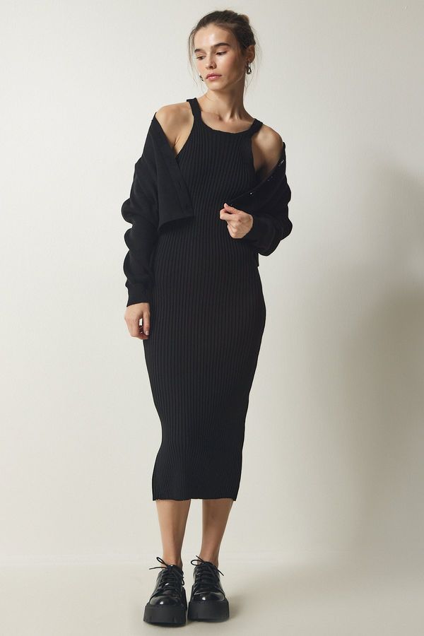 Happiness İstanbul Happiness İstanbul Women's Black Cardigan Dress Knitwear Suit