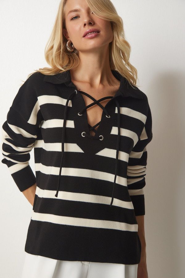 Happiness İstanbul Happiness İstanbul Women's Black Collar Laced Striped Knitwear Sweater