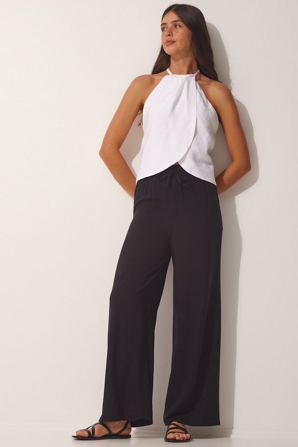 Happiness İstanbul Happiness İstanbul Women's Black Cotton Viscose Palazzo Trousers