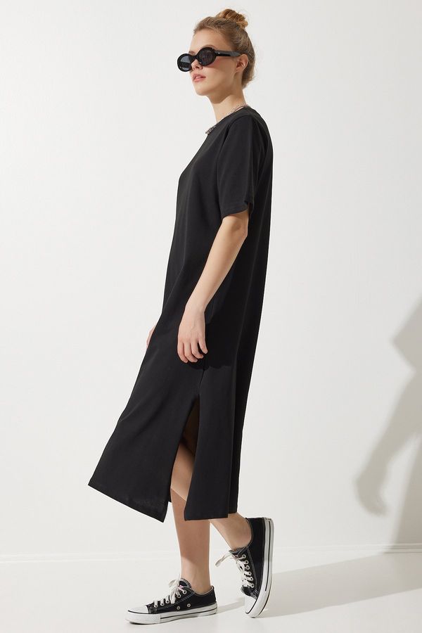 Happiness İstanbul Happiness İstanbul Women's Black Crew Neck Loose Comfortable Combed Cotton Dress