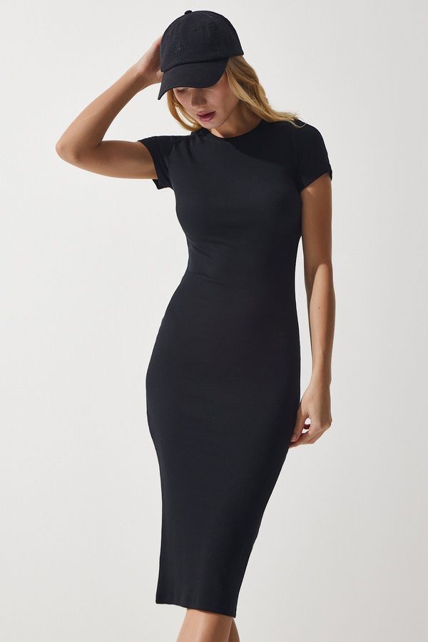 Happiness İstanbul Happiness İstanbul Women's Black Crew Neck Wraparound Ribbed Knitted Dress