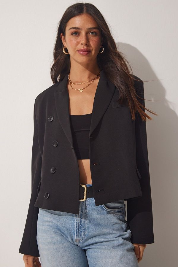 Happiness İstanbul Happiness İstanbul Women's Black Crop Fit Double Breasted Blazer Jacket