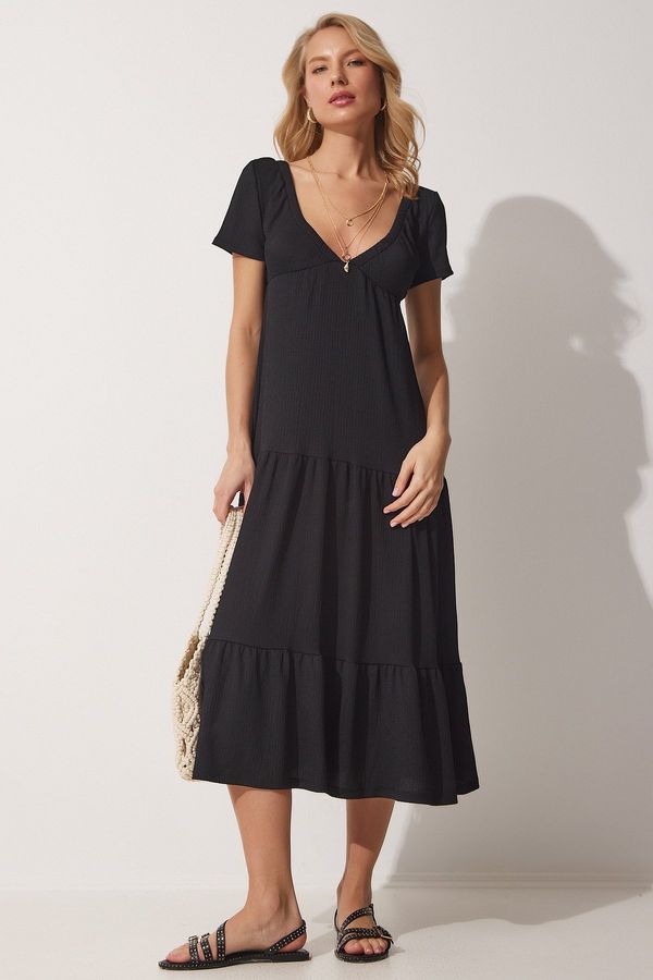 Happiness İstanbul Happiness İstanbul Women's Black Deep V-Neck Tied Summer Viscose Dress