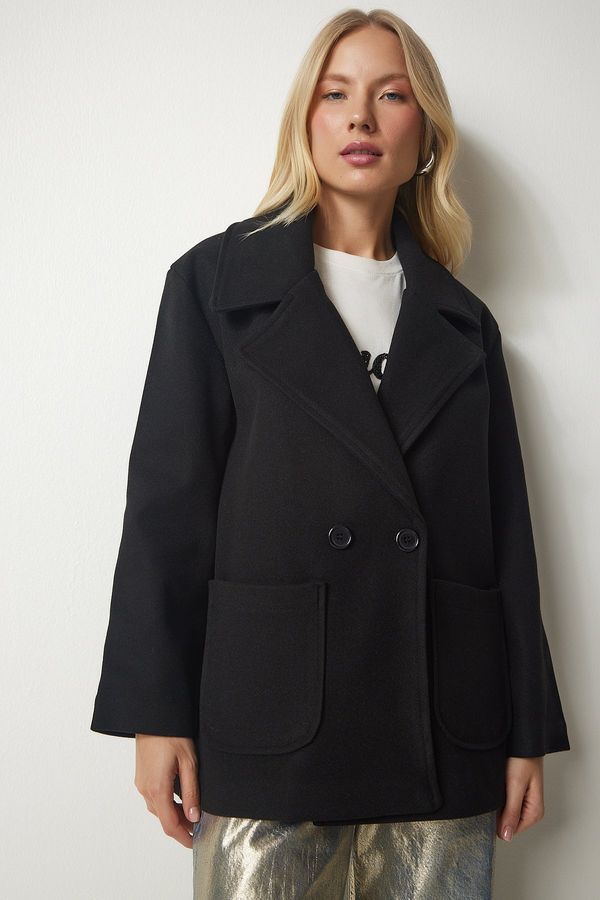 Happiness İstanbul Happiness İstanbul Women's Black Double Breasted Collar Pocket Cachet Coat
