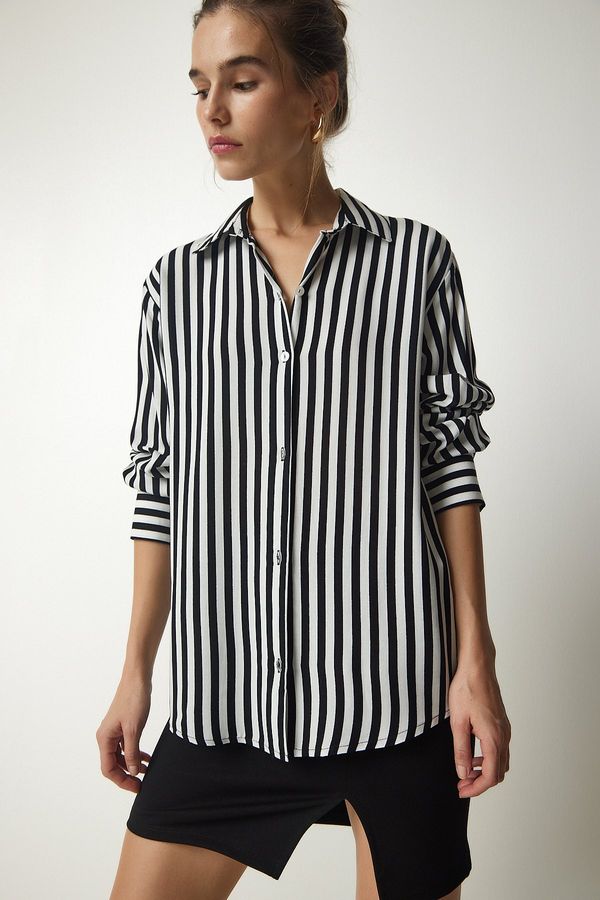 Happiness İstanbul Happiness İstanbul Women's Black Ecru Striped Viscose Shirt