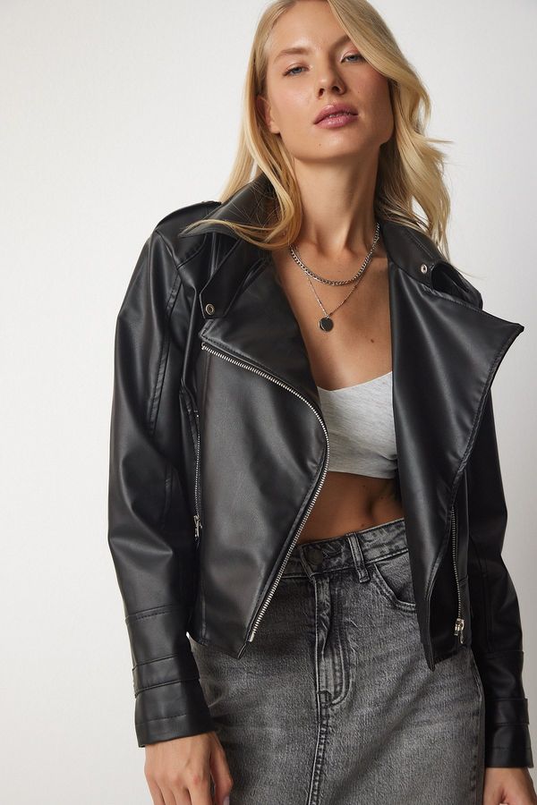 Happiness İstanbul Happiness İstanbul Women's Black Faux Leather Biker Jacket