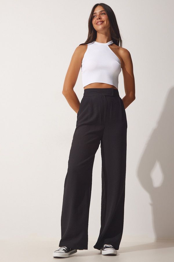 Happiness İstanbul Happiness İstanbul Women's Black Flowy Linen Pants with Hook and Loop fastening