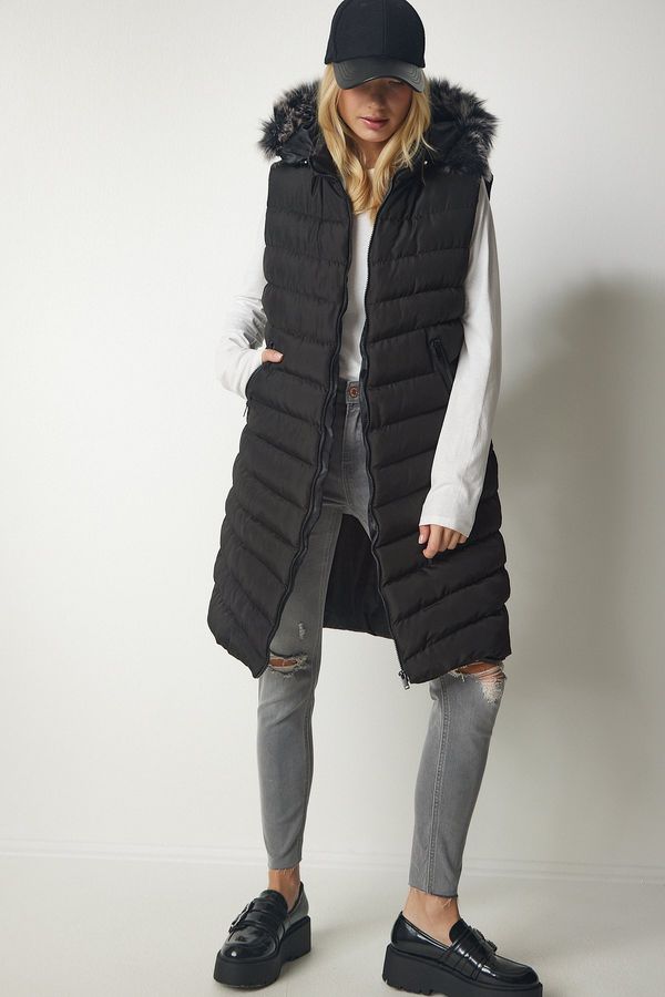 Happiness İstanbul Happiness İstanbul Women's Black Furry Hooded Long Puffer Vest