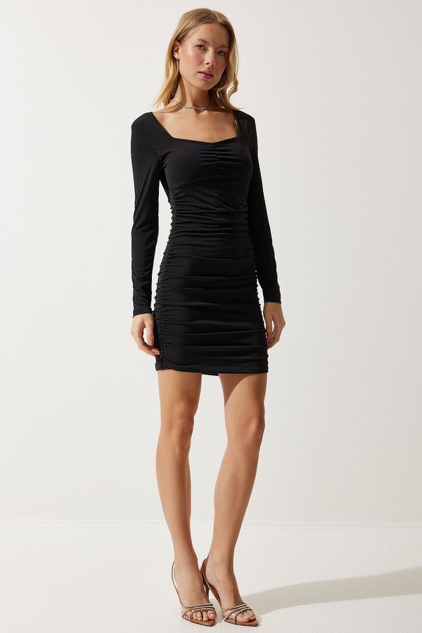 Happiness İstanbul Happiness İstanbul Women's Black Heart Neck Gathered Sandy Knitted Dress