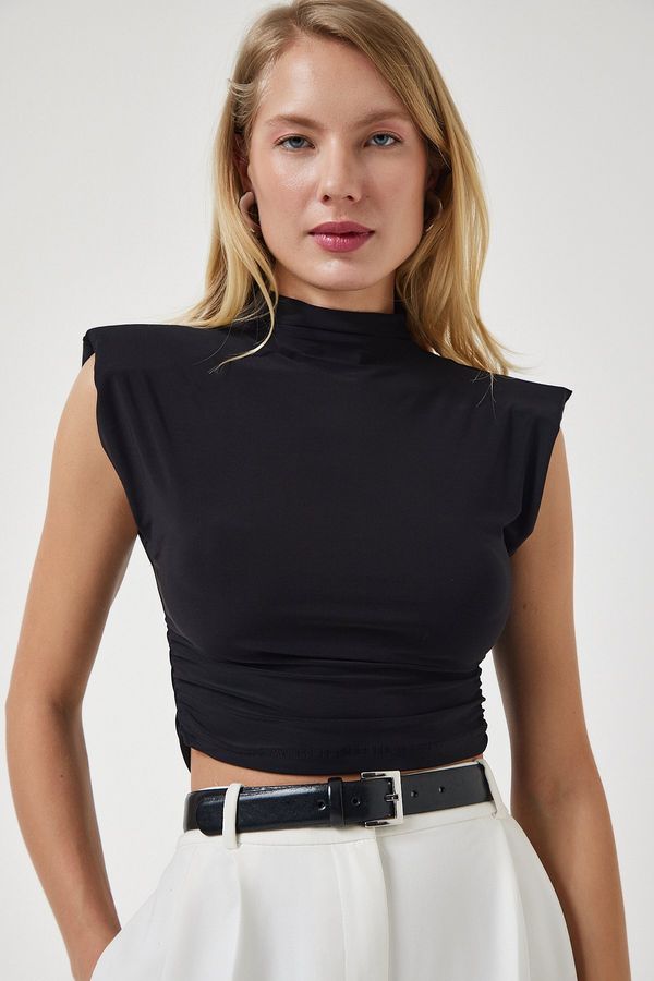 Happiness İstanbul Happiness İstanbul Women's Black High Neck Gathered Crop Knitted Blouse
