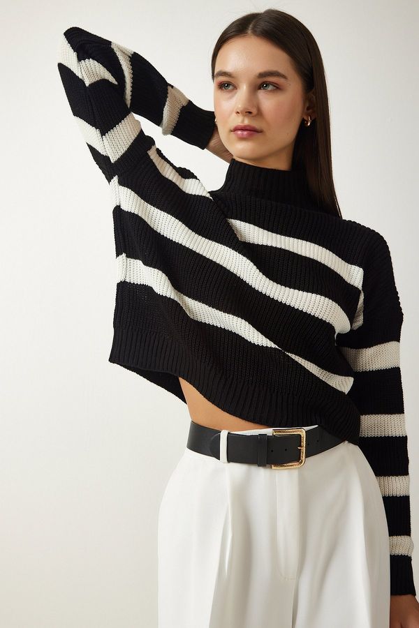 Happiness İstanbul Happiness İstanbul Women's Black High Neck Striped Knitwear Sweater