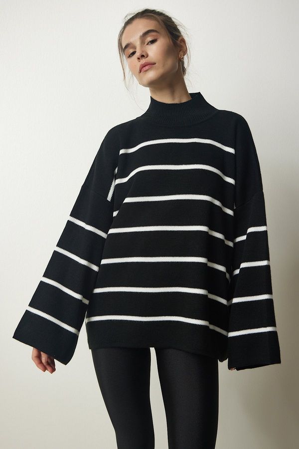 Happiness İstanbul Happiness İstanbul Women's Black High Neck Striped Oversize Knitwear Sweater