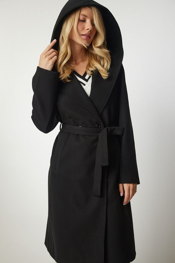 Happiness İstanbul Happiness İstanbul Women's Black Hooded Belted Stamped Coat