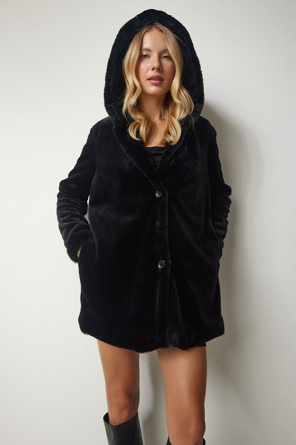 Happiness İstanbul Happiness İstanbul Women's Black Hooded Oversize Furry Plush Coat