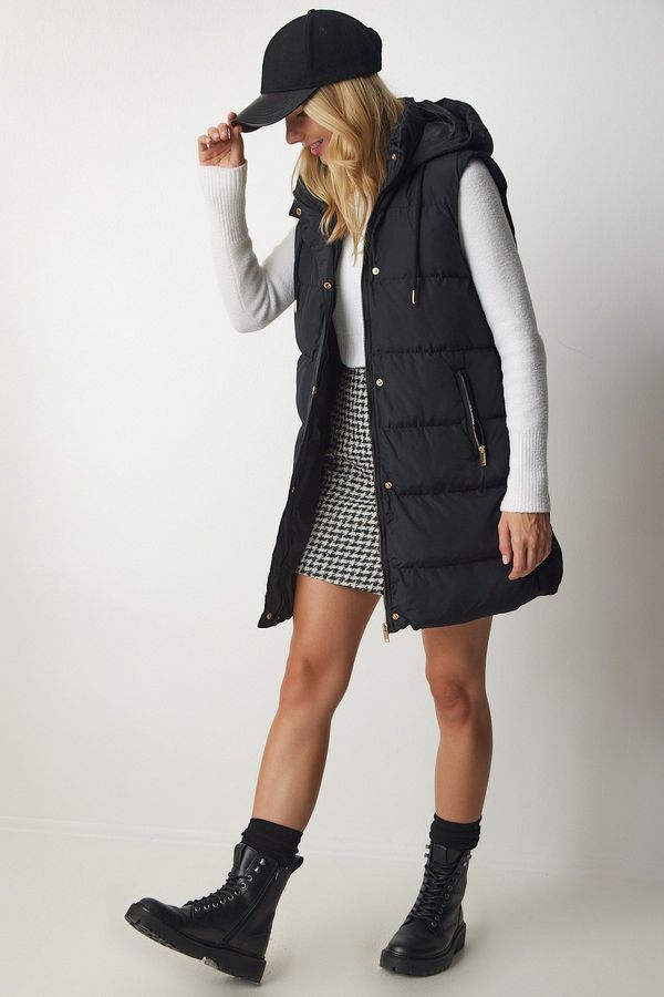 Happiness İstanbul Happiness İstanbul Women's Black Hooded Oversize Long Puffer Vest