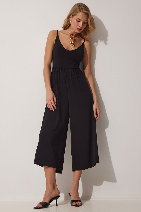 Happiness İstanbul Happiness İstanbul Women's Black Knitted Jumpsuit with Rope Straps V-Neck