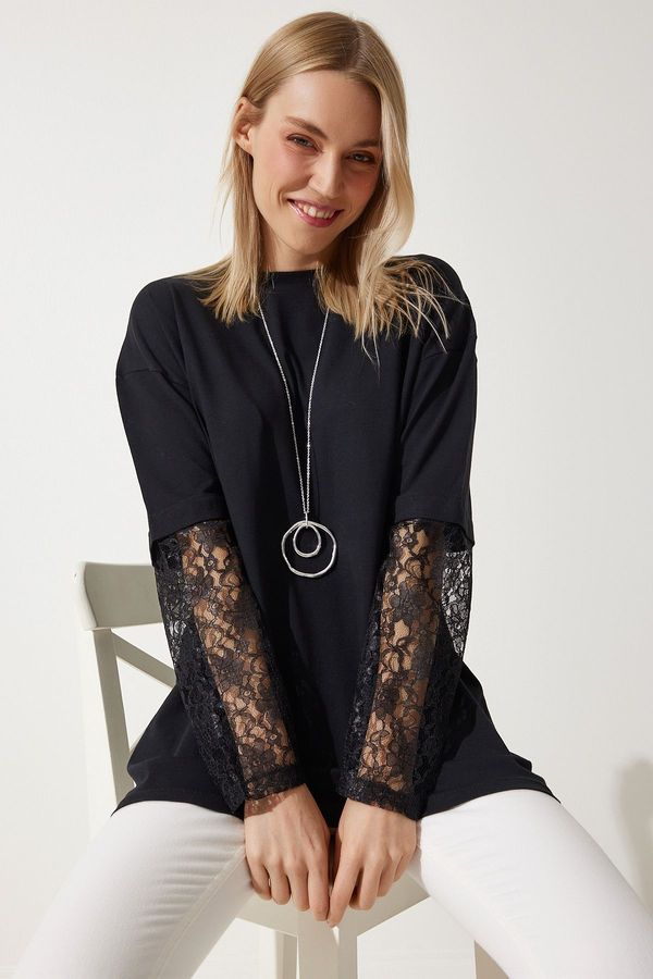 Happiness İstanbul Happiness İstanbul Women's Black Lace Sleeve Loose Long Knitted Tunic