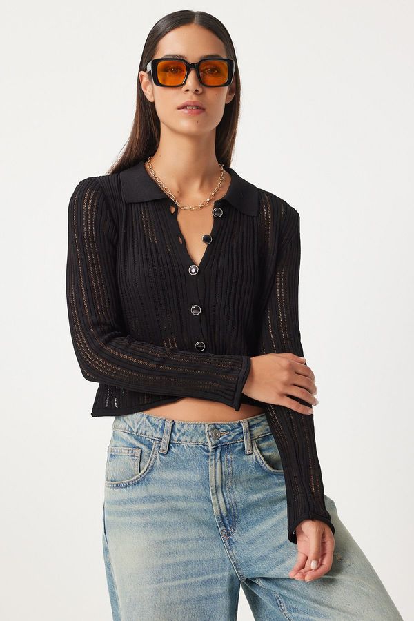 Happiness İstanbul Happiness İstanbul Women's Black Lightly Transparent Polo Neck Summer Knitwear Cardigan