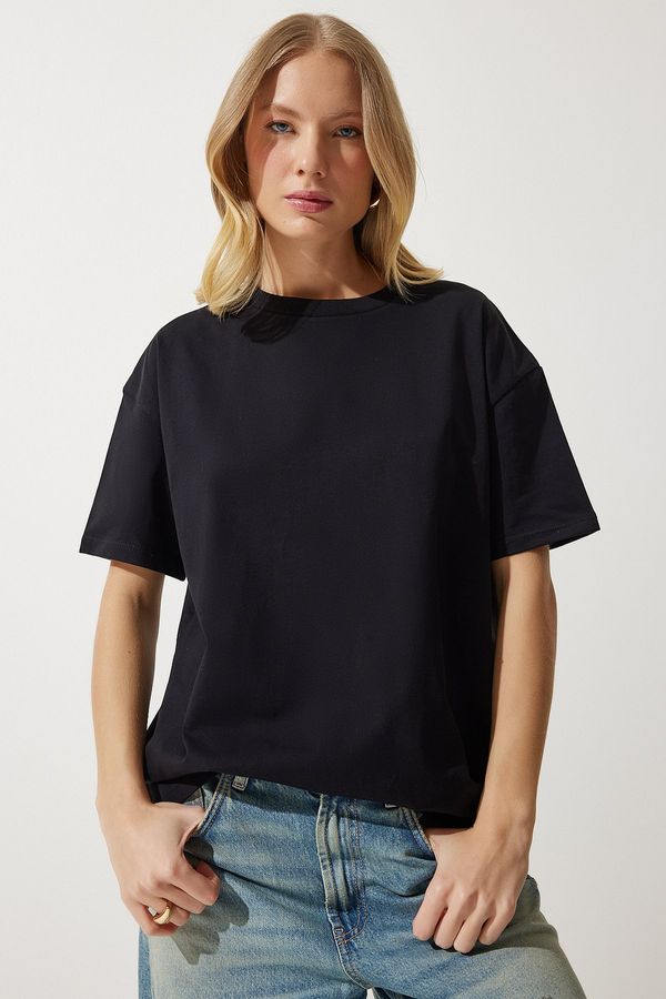 Happiness İstanbul Happiness İstanbul Women's Black Loose Basic Cotton T-Shirt