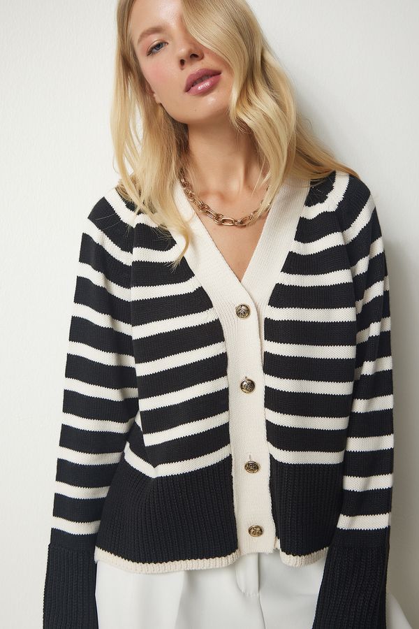 Happiness İstanbul Happiness İstanbul Women's Black Metal Button Detailed Striped Knitwear Cardigan