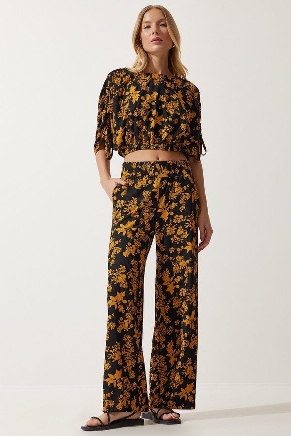 Happiness İstanbul Happiness İstanbul Women's Black Mustard Patterned Blouse Palazzo Knitted Suit