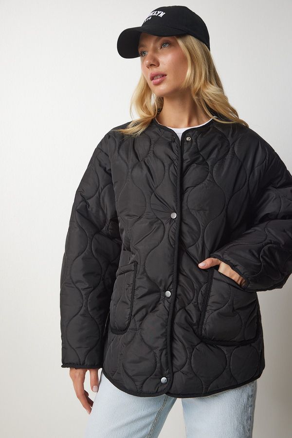 Happiness İstanbul Happiness İstanbul Women's Black Oversized Quilted Coat with Pocket