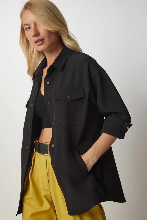 Happiness İstanbul Happiness İstanbul Women's Black Oversized Shirt and Jacket with Pocket Detailed