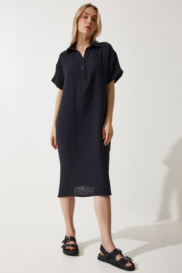 Happiness İstanbul Happiness İstanbul Women's Black Polo Collar Summer Loose Muslin Dress