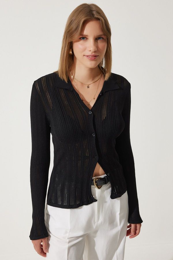 Happiness İstanbul Happiness İstanbul Women's Black Polo Collar Summer Openwork Knitwear Cardigan