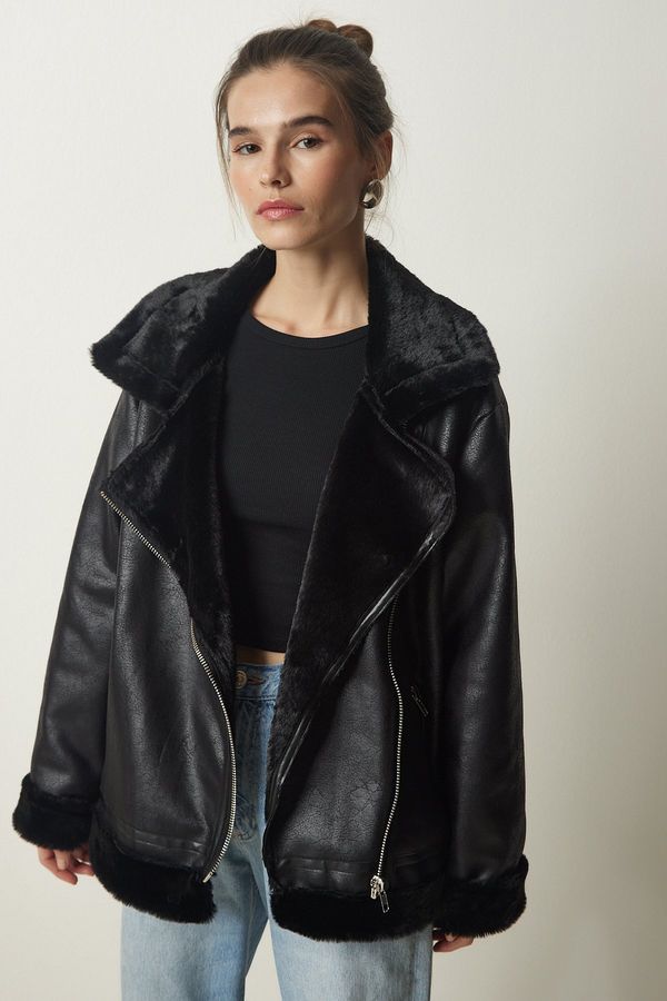 Happiness İstanbul Happiness İstanbul Women's Black Premium Shearling Faux Leather Coat
