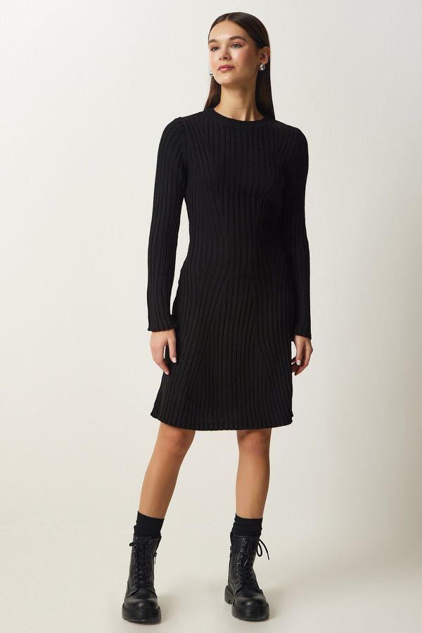 Happiness İstanbul Happiness İstanbul Women's Black Ribbed A-Line Knitwear Dress