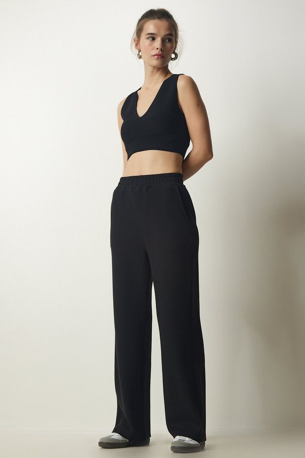 Happiness İstanbul Happiness İstanbul Women's Black Ribbed Knitted Trousers